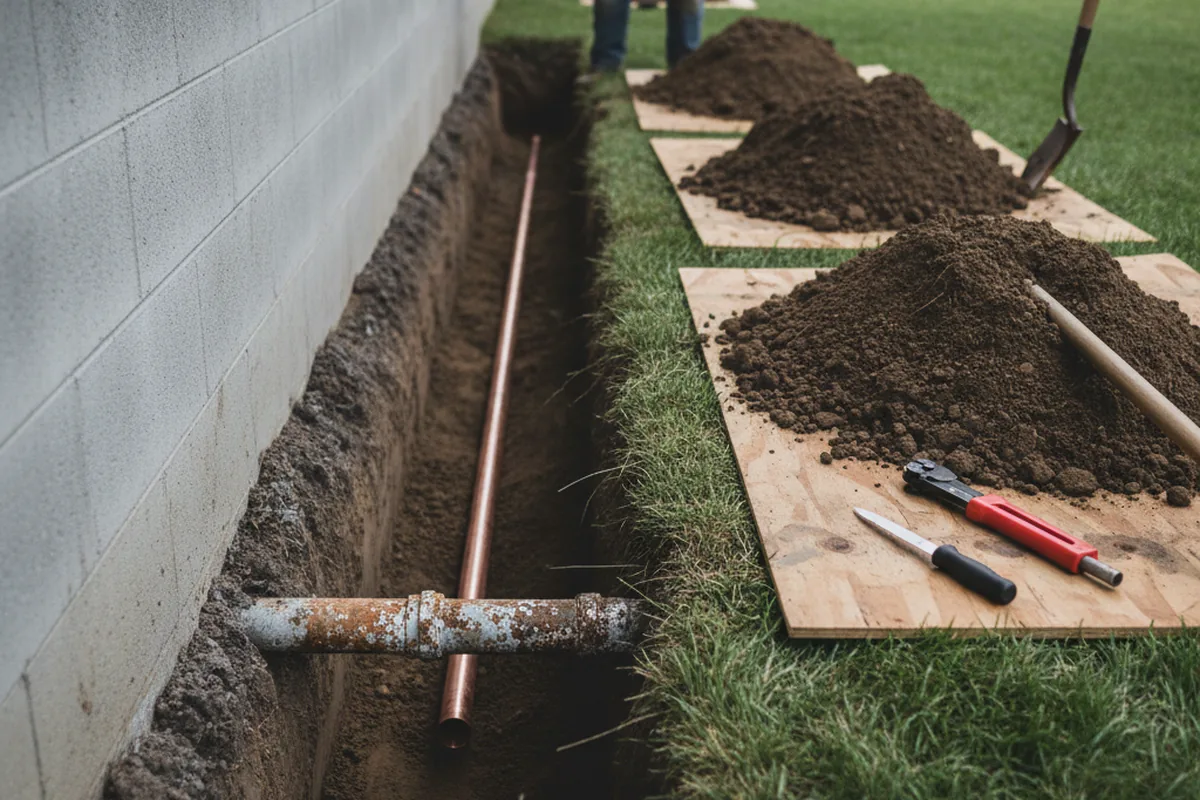 Excavated water line trench during Sewer Line Repair in Pioneer
